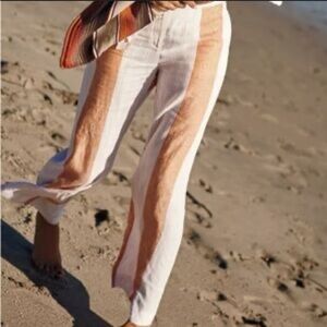 Anthropologie ett:twa Beige Striped Wide Leg Linen‎ Trousers Size 8